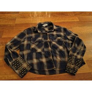 Life Cropped Navy Plaid Button Up Studded Small